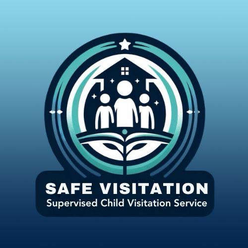 A blue and white logo with the words safe visitation.