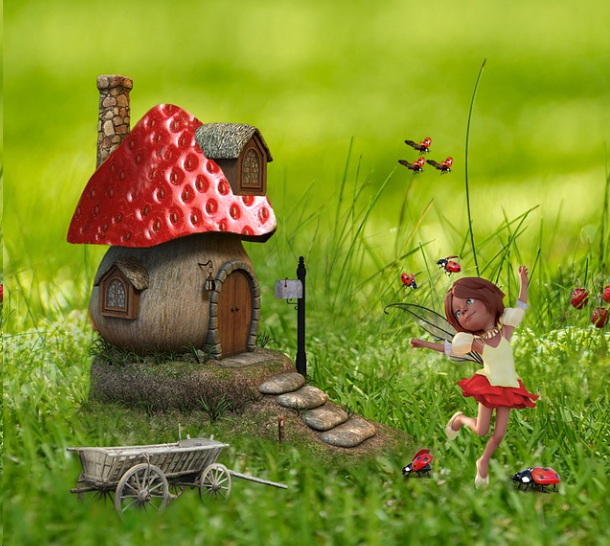 A fairy house with a little girl running around it